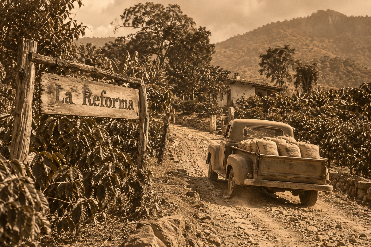 Fotografía histórica en sepia de Finca La Reforma, con camioneta de época y letrero de la finca