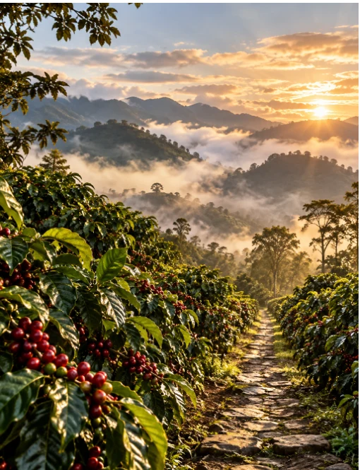 Paisaje de cafetales y montañas